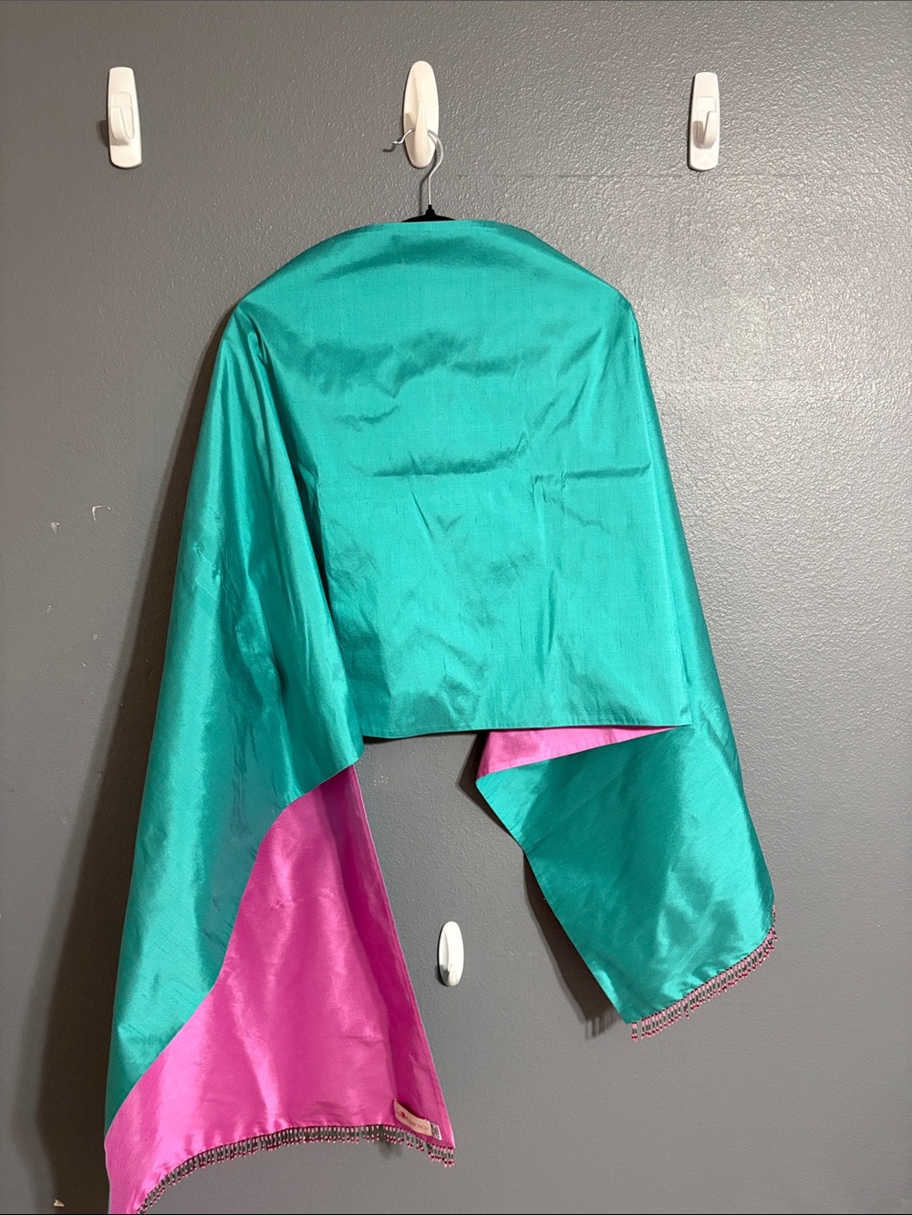 Lisa Francisco 100% Silk Colorblock Shawl Wrap Beaded Trim Turquoise Pink